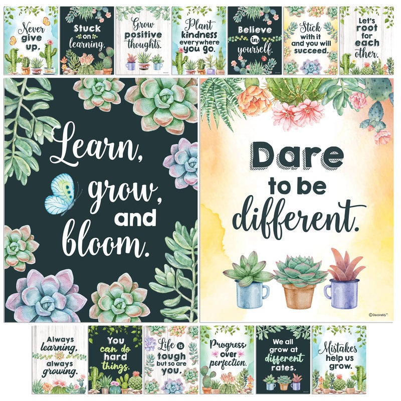 Decorably Motivational Posters for Classroom - 15 Cactus Classroom Decor, 11x14in Succulent Classroom Decor, Cactus Classroom Theme, Cactus Classroom Decorations for Teachers, Cactus Bulletin Board - Image 1
