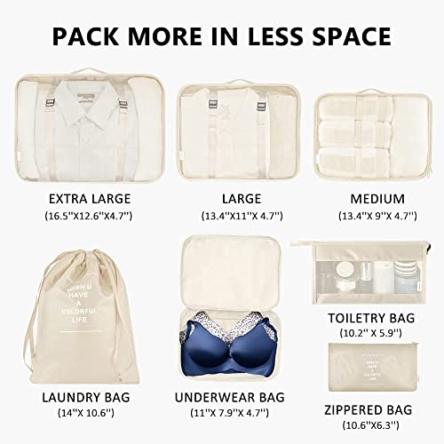 TS WITH TECHSUN 7 Pcs Travel Organizer Pouch Packing Cubes for Clothes Space Savers Bags Cosmetics/Underwear/Socks/Shoes Toiletry Bag Laundry Organiser (Nylon) (Beige) - Image 3
