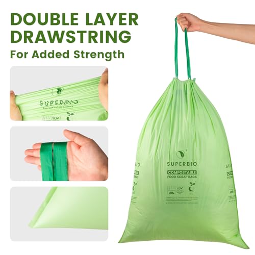 SUPERBIO 13 Gallon Compostable Drawstring Kitchen Waste Bag, 49.2 Liter, 30 Count,1 Mil, Heavy Duty Food Scrap Bags, BPI, Seedling and OK compost INDUSTRIAL - Image 3