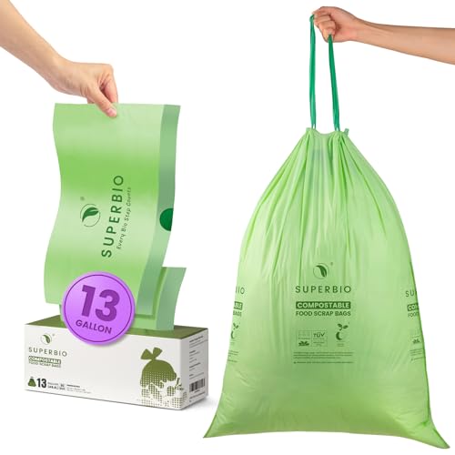 SUPERBIO 13 Gallon Compostable Drawstring Kitchen Waste Bag, 49.2 Liter, 30 Count,1 Mil, Heavy Duty Food Scrap Bags, BPI, Seedling and OK compost INDUSTRIAL - Image 1