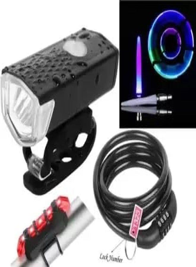 FCCRACING FCC Racing Bicycle Combo: Front Light, Back Tail Light, Tyre Valve Light & Wire Number Lock (Multicolor) - Image 1