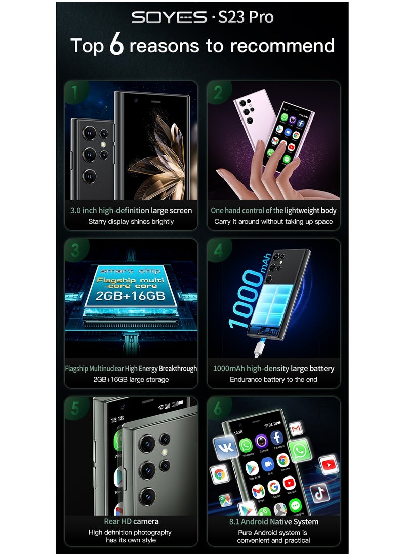 SOYES - S23PRO Mini Smart Mobile Phone 3.0" Screen 3G Network, 2GB+16GB, Android 8.1, Dual SIM, 1000mAh Battery, HD Camera, Type-C, Ultra Compact Lightweight Smartphone - Image 1