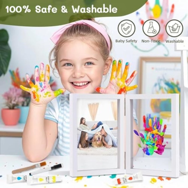 مجموعة تذكار لإطار بصمة اليد العائلية DIY، إطار صورة خشبي مزدوج الفتح مع طقم طلاء DIY مجموعة بصمة يد عائلية لحديثي الولادة مع 6 ألوان طلاء متضمنة، إطار حرفي مخصص لطباعة فنية لديكور المنزل - Image 4