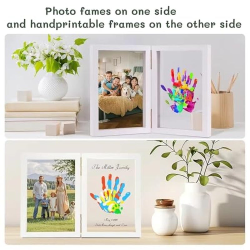 مجموعة تذكار لإطار بصمة اليد العائلية DIY، إطار صورة خشبي مزدوج الفتح مع طقم طلاء DIY مجموعة بصمة يد عائلية لحديثي الولادة مع 6 ألوان طلاء متضمنة، إطار حرفي مخصص لطباعة فنية لديكور المنزل - Image 2