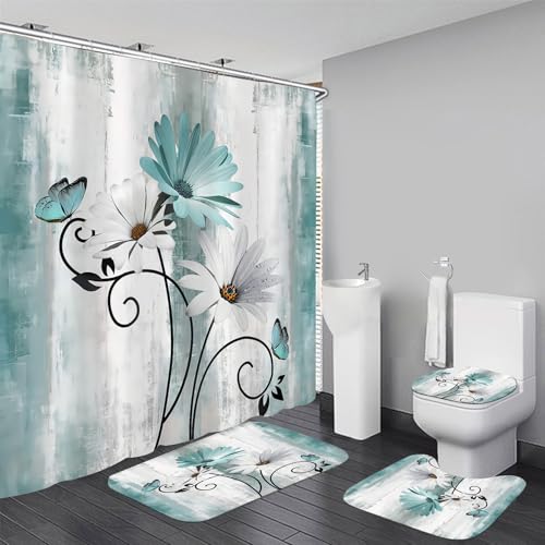 AZHM Rustic Farmhouse Shower Curtain Set 4pcs Farm Teal Daisy Floral Bathroom Decor Set with Shower Curtain and Rugs and Accessories