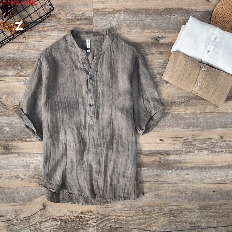 Pure Linen Short-Sleeved T-Shirt Men'S Summer Chinese-Style Loose Thin V-Neck Top Retro Casual Half-Sleeved Linen T-Shirt - Image 5