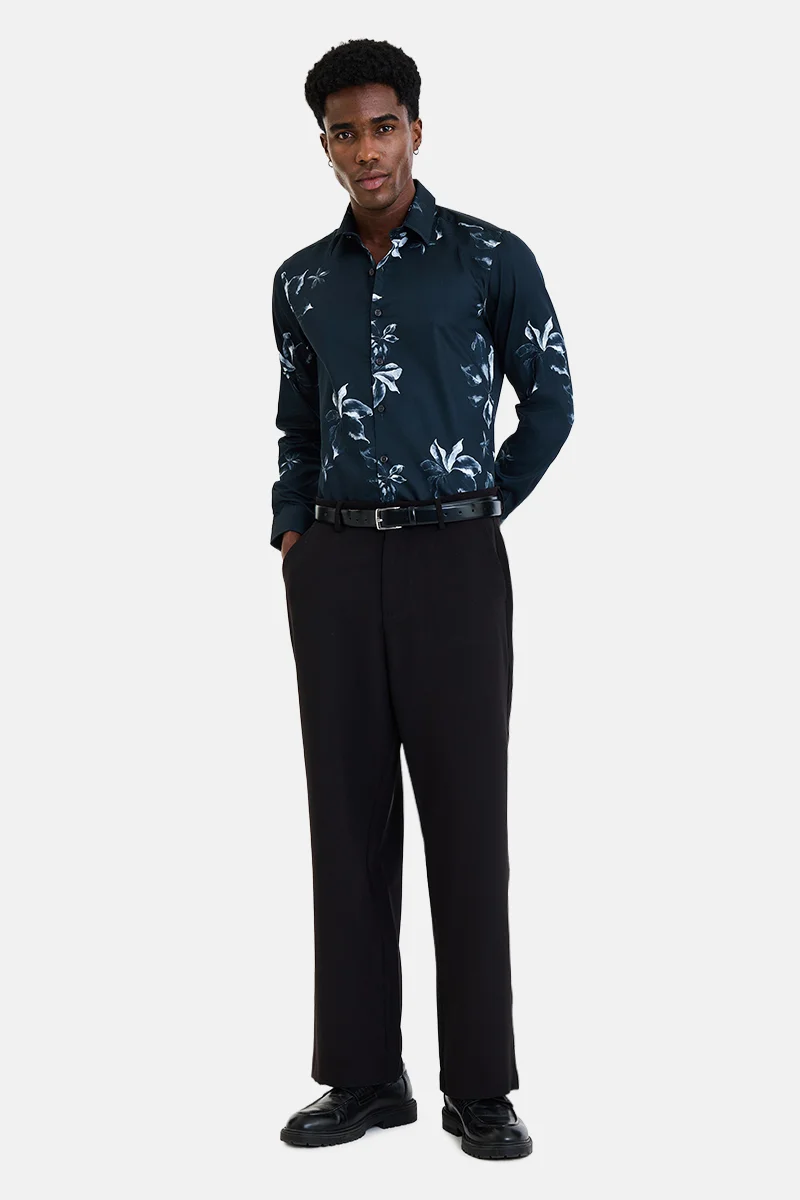 SNITCH Navy Blue Floral Long Sleeve Slim Fit Formal Shirt