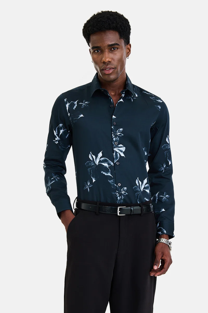 SNITCH Navy Blue Floral Long Sleeve Slim Fit Formal Shirt