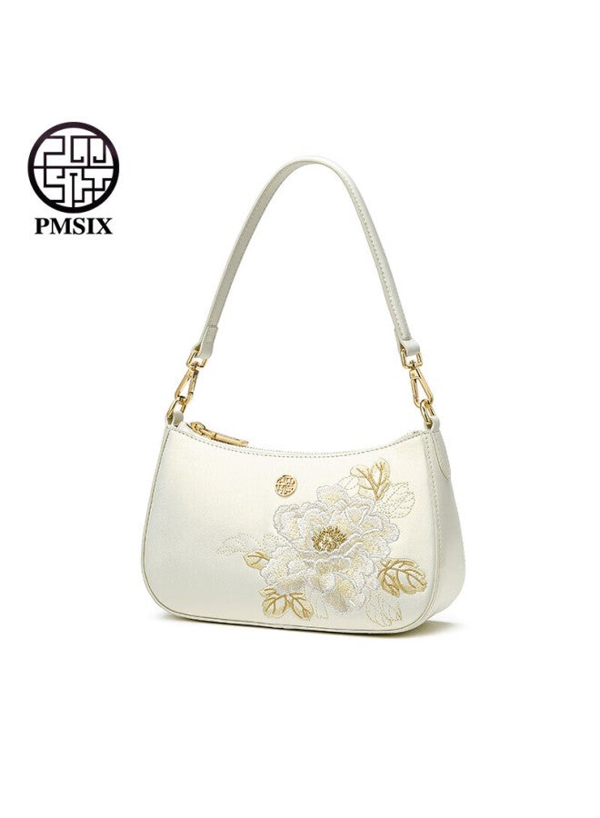 Pmsix Women's Handbag, Cowhide Leather, Chinese-style Embroidery, Shoulder Crossbody Bag, Fashionable Versatile Underarm Bag, Qixi Valentine's Day Gift For Wife - Image 1