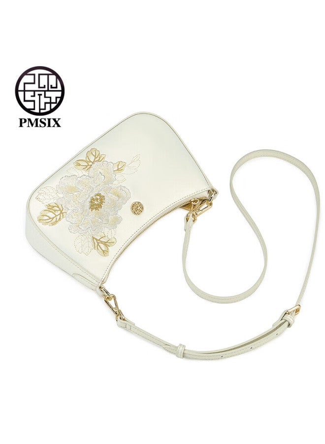 Pmsix Women's Handbag, Cowhide Leather, Chinese-style Embroidery, Shoulder Crossbody Bag, Fashionable Versatile Underarm Bag, Qixi Valentine's Day Gift For Wife - Image 2