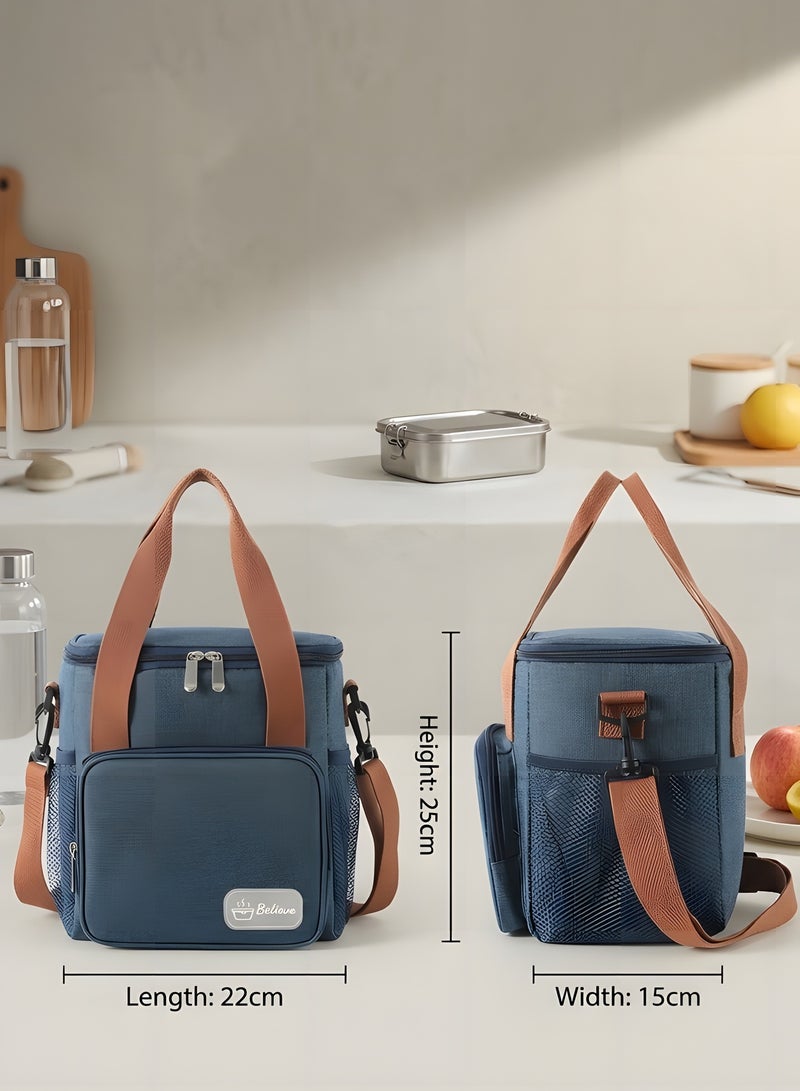 Beauenty Reusable Lunch Box Insulated Lunch Bag Large Cooler Tote Bag for Adult,Men,Women, Double Deck Cooler Handbags for Office/Picnic/Fishing/School-22 * 15 * 25cm-blue - Image 2