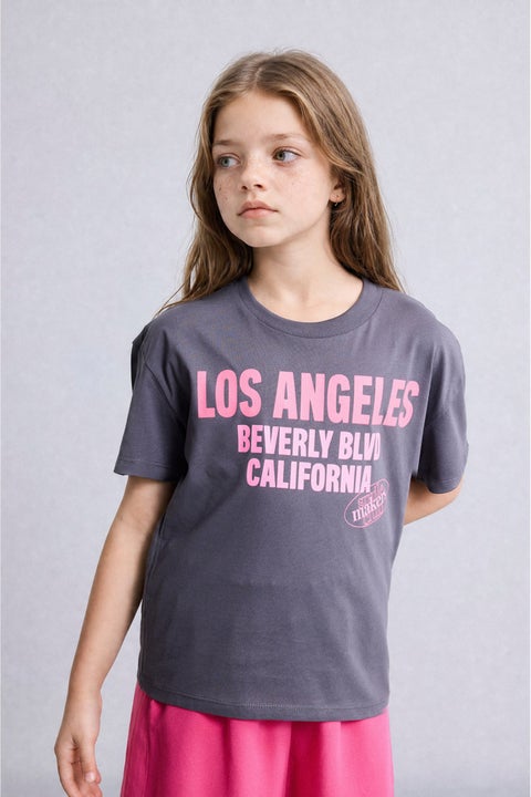Grey Girl Girl Printed Crew Neck Short Sleeve T-Shirt Casual