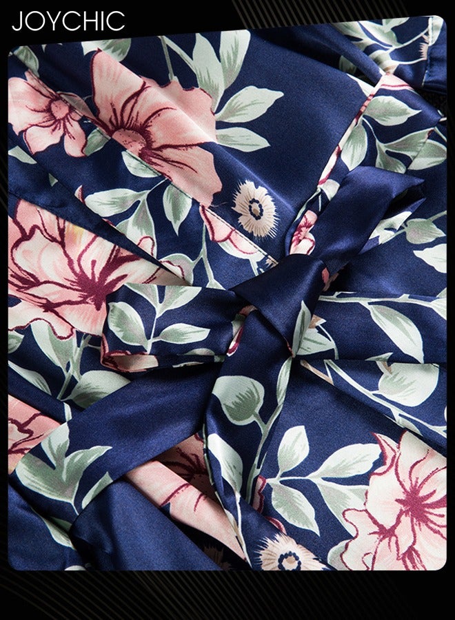 Joychic بيجامة نسائية مكونة من 5 قطع بتصميم زهور دانتيل فضفاضة ومريحة، بياقة على شكل V وأكمام ثلاثة أرباع، صديقة للبشرة، فستان نوم طويل للمنزل لجميع الفصول باللون الأزرق - Image 2