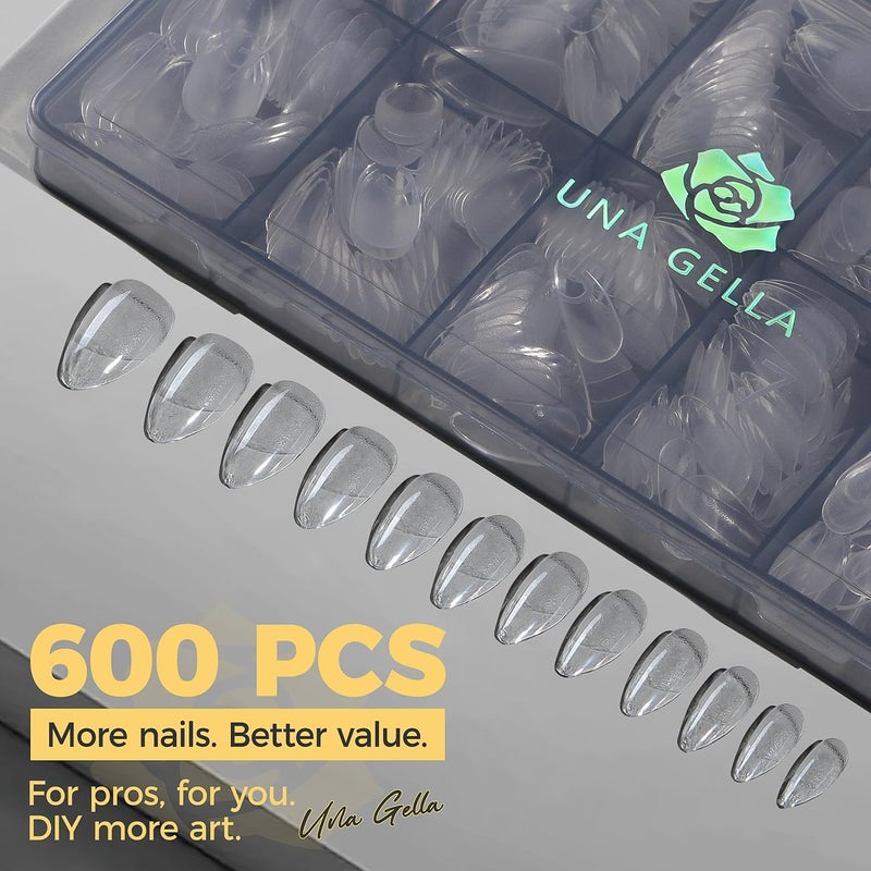 UNA GELLA Almond Gel Nail Tips 600 Pcs Pre Etched Medium Almond Shaped Nails Full Cover Press On Nails 12 Sizes Clear Fake Soft Gel Tips for Flat & Curved Nail Bed Extension Home DIY Salon - Image 4