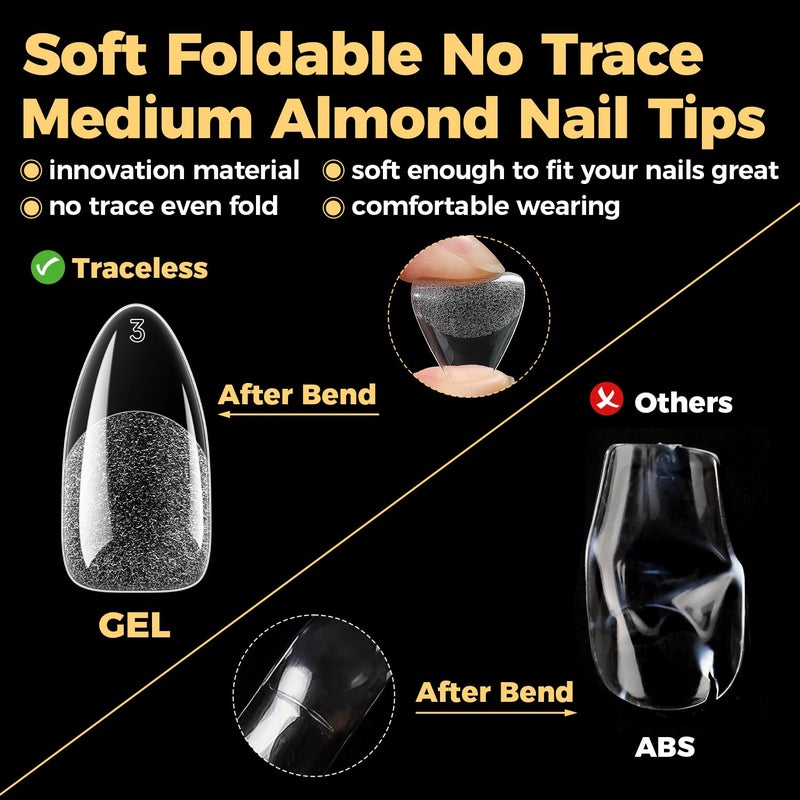UNA GELLA Almond Gel Nail Tips 600 Pcs Pre Etched Medium Almond Shaped Nails Full Cover Press On Nails 12 Sizes Clear Fake Soft Gel Tips for Flat & Curved Nail Bed Extension Home DIY Salon - Image 5