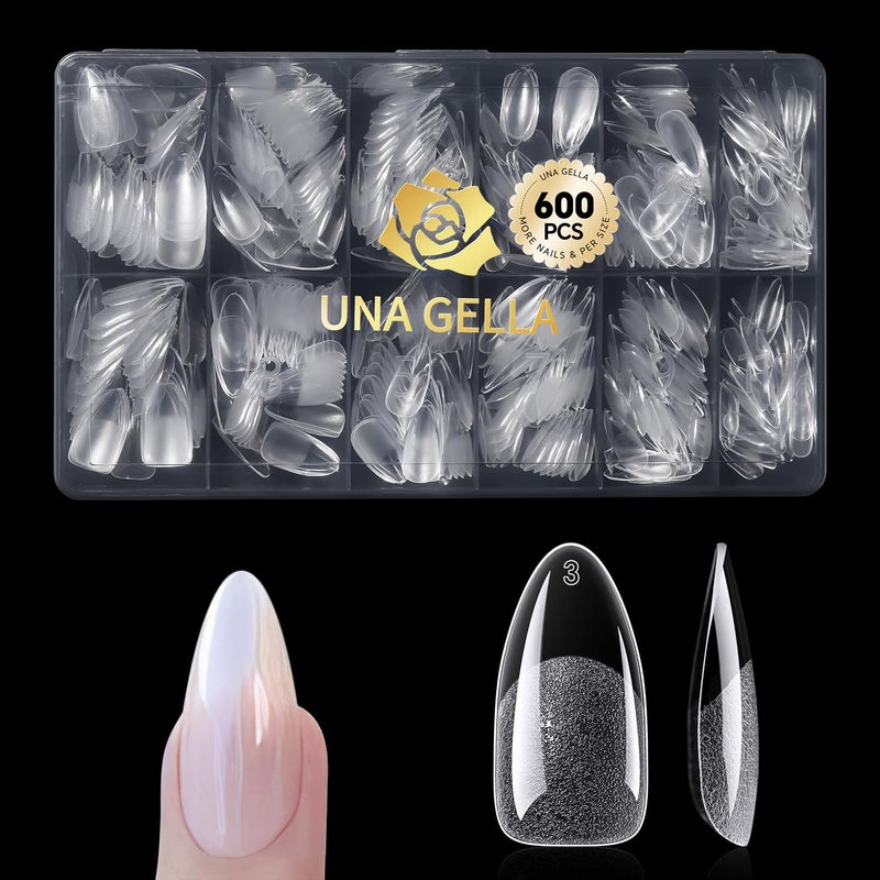 UNA GELLA Almond Gel Nail Tips 600 Pcs Pre Etched Medium Almond Shaped Nails Full Cover Press On Nails 12 Sizes Clear Fake Soft Gel Tips for Flat & Curved Nail Bed Extension Home DIY Salon - Image 1