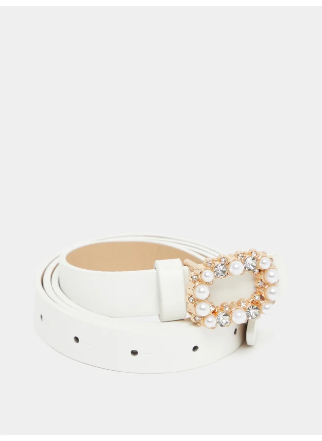 ستايلي Styli Faux Pearl Embellished Buckle Belt