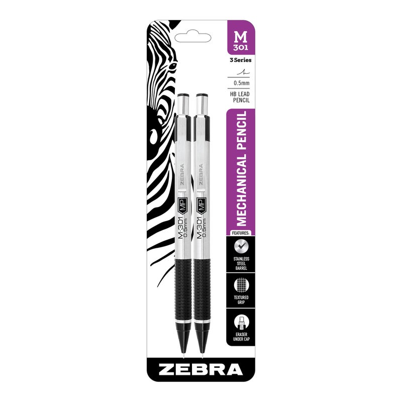 Zebra Pen, STEEL M-301 Mechanical Pencils, 0.5mm Fine Point, Refillable Lead, Stainless Steel Barrel, Built-in Eraser, Durable Clip, Lightweight Precision Pencil for School, Office, 2-Pack (54012) - Image 1