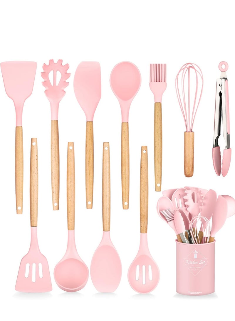 Silicone Cooking Utensil Set, 12-Piece Silicone Spatulas with Wooden Handles, Spatula Set with Holder, Tongs, and Stirring Spoon, Color (Rose) - Image 1