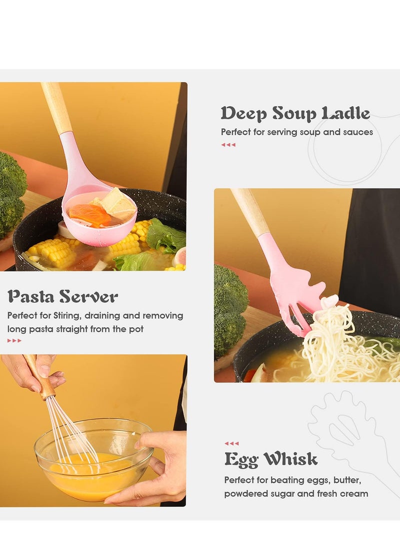Silicone Cooking Utensil Set, 12-Piece Silicone Spatulas with Wooden Handles, Spatula Set with Holder, Tongs, and Stirring Spoon, Color (Rose) - Image 2