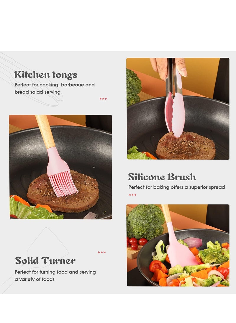 Silicone Cooking Utensil Set, 12-Piece Silicone Spatulas with Wooden Handles, Spatula Set with Holder, Tongs, and Stirring Spoon, Color (Rose) - Image 3