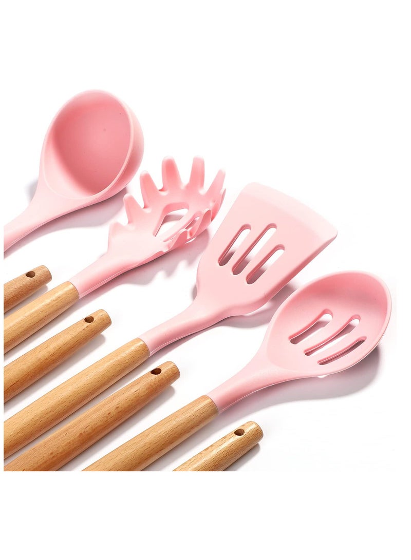 Silicone Cooking Utensil Set, 12-Piece Silicone Spatulas with Wooden Handles, Spatula Set with Holder, Tongs, and Stirring Spoon, Color (Rose) - Image 4