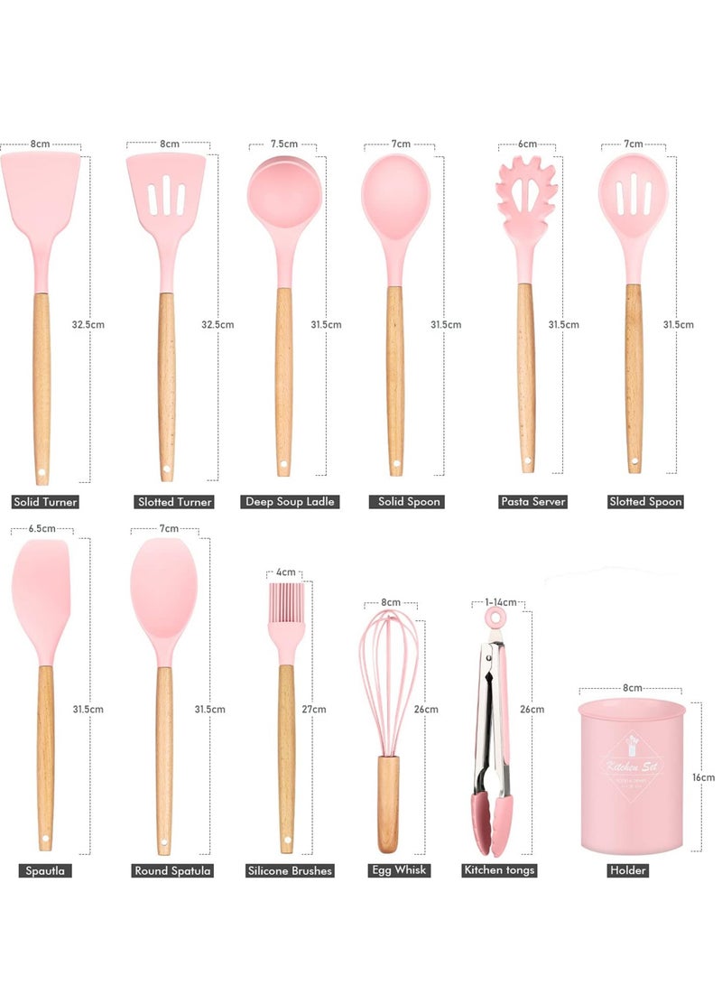 Silicone Cooking Utensil Set, 12-Piece Silicone Spatulas with Wooden Handles, Spatula Set with Holder, Tongs, and Stirring Spoon, Color (Rose) - Image 5