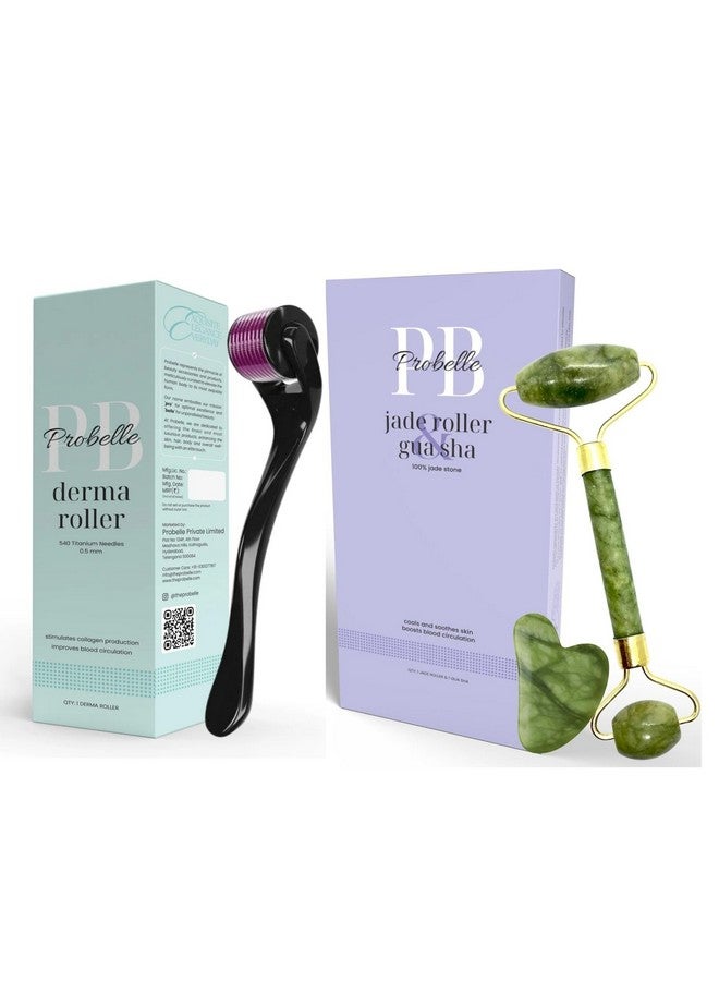 Probelle Glow Bundle | 0.5mm Derma Roller & Jade Roller with Gua Sha | Microneedling for Face & Hair Growth | Facial Massage, Collagen Boost & Skin Rejuvenation | Anti-Aging Beauty Set for Radiant Skin - Image 1