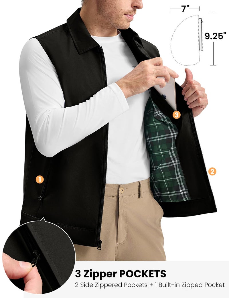 TBMPOY Men's Vest Casual Lightweight Thin Utility 3 Zip Pockets Stylish Sleeveless Jackets Summer Fall Golf Travel Business Outerwear Black L - Image 5