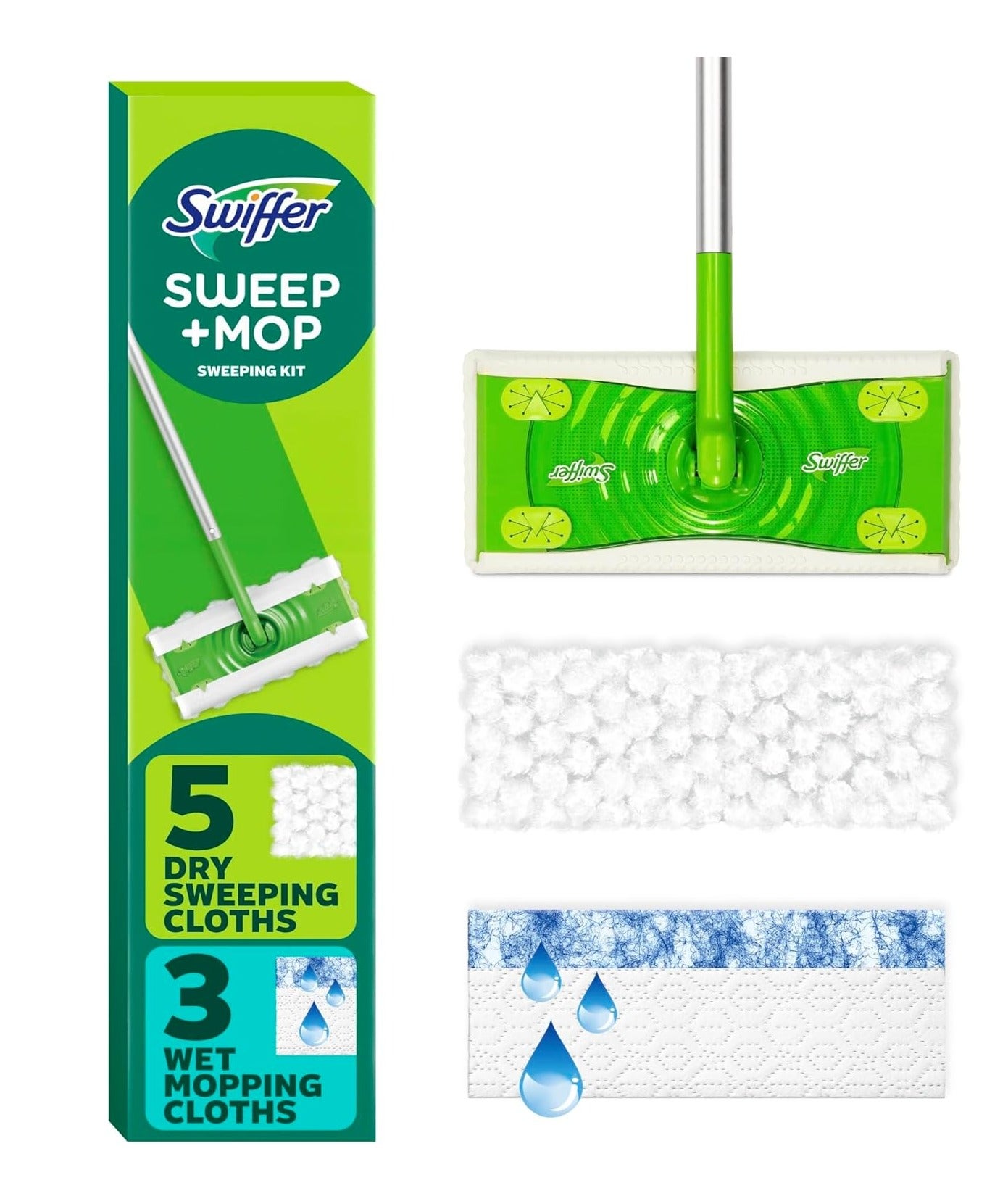 Swiffer Sweep + Mop Floor Cleaning Kit with Handle | Includes 5 Dry Sweeping Cloths & 3 Wet Mopping Pads | Trap + Lock Dust Dirt Hair Removal System for Tile Wood Marble Floors