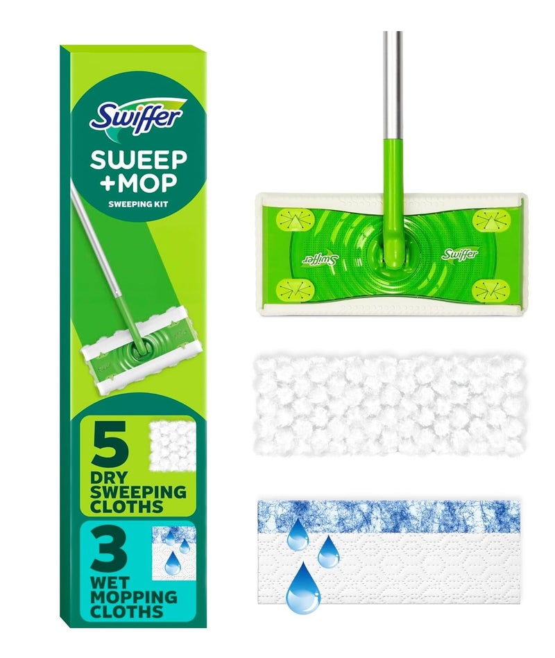طقم تنظيف الأرضيات سويفر Sweep + Mop مع عصا | يشمل 5 مناديل تنظيف جافة و3 مناديل مبللة | تقنية Trap + Lock لإزالة الغبار والأوساخ والشعر لجميع أنواع الأرضيات - Image 1