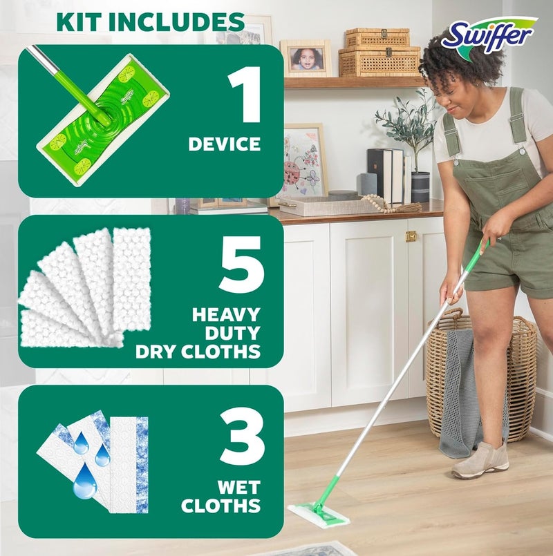 طقم تنظيف الأرضيات سويفر Sweep + Mop مع عصا | يشمل 5 مناديل تنظيف جافة و3 مناديل مبللة | تقنية Trap + Lock لإزالة الغبار والأوساخ والشعر لجميع أنواع الأرضيات - Image 4
