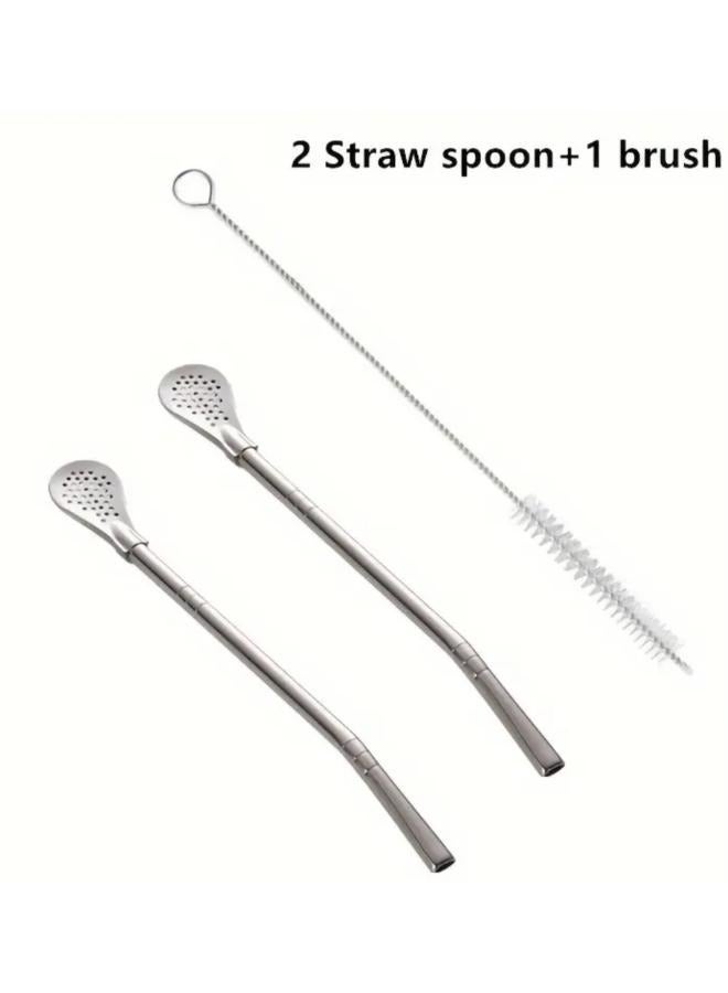 2 Pieces Straws with Filter Spoon Stainless Steel Straw Set Juice Spoon Yerba Mate Tea Coffee Cocktail Mixer Spoon with 1 Cleaning Brushes - Image 1