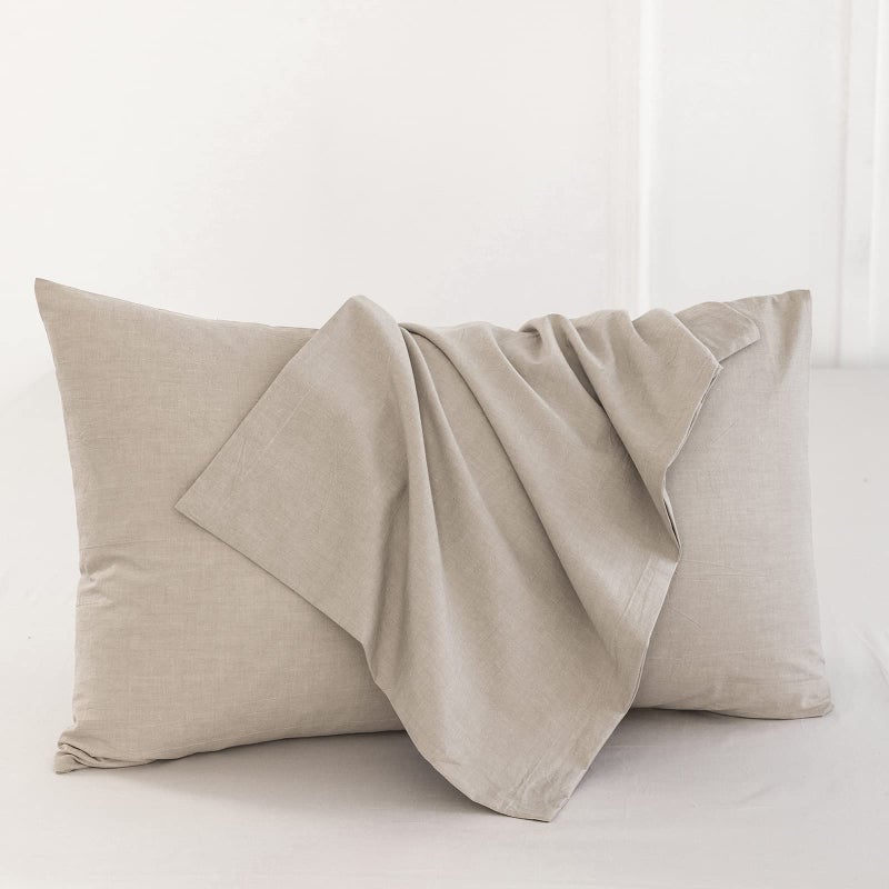 MooMee Bedding Pillowcases Pack of 2 100% Washed Cotton Linen Like Textured Breathable Durable Soft Comfy (Tannish Linen Grey  Standard) - Image 2