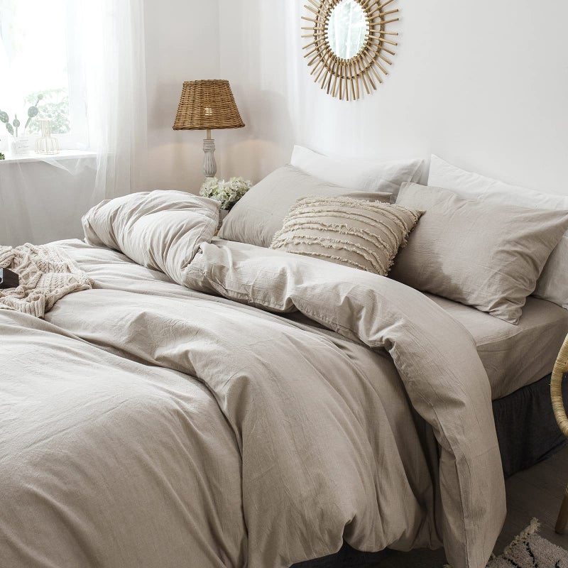 MooMee Bedding Pillowcases Pack of 2 100% Washed Cotton Linen Like Textured Breathable Durable Soft Comfy (Tannish Linen Grey  Standard) - Image 5