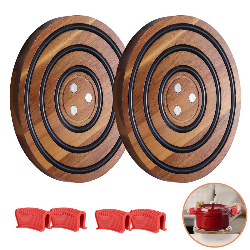 2 Pcs Magnetic Wooden Trivets Acacia Wood with Black Silicone Rings Magnetic Pot Holder for Le Creuset Enameled Cast Iron Dutch Oven  Cast Iron Skillets Wood Trivet