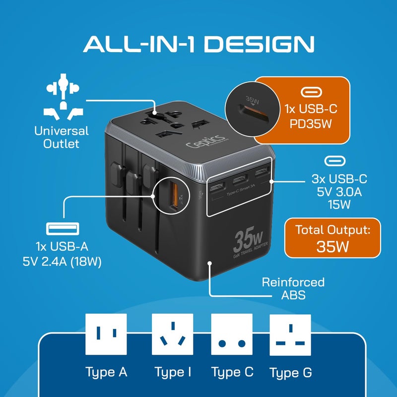 Ceptics 6-in-1 Universal Travel Adapter – 35W International Charger with 4 USB-C (1 PD 35W Port) & 1 USB-A Fast Charge Ports, Universal Plug Socket, and 10-Year Warranty. - Image 3