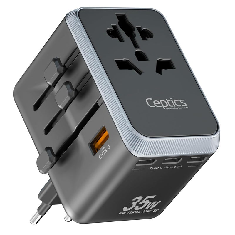 Ceptics 6-in-1 Universal Travel Adapter – 35W International Charger with 4 USB-C (1 PD 35W Port) & 1 USB-A Fast Charge Ports, Universal Plug Socket, and 10-Year Warranty. - Image 1
