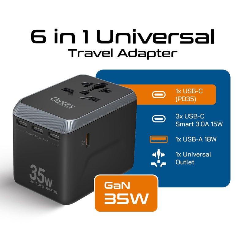 Ceptics 6-in-1 Universal Travel Adapter – 35W International Charger with 4 USB-C (1 PD 35W Port) & 1 USB-A Fast Charge Ports, Universal Plug Socket, and 10-Year Warranty. - Image 2