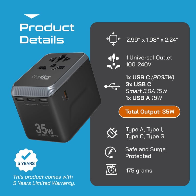 Ceptics 6-in-1 Universal Travel Adapter – 35W International Charger with 4 USB-C (1 PD 35W Port) & 1 USB-A Fast Charge Ports, Universal Plug Socket, and 10-Year Warranty. - Image 5