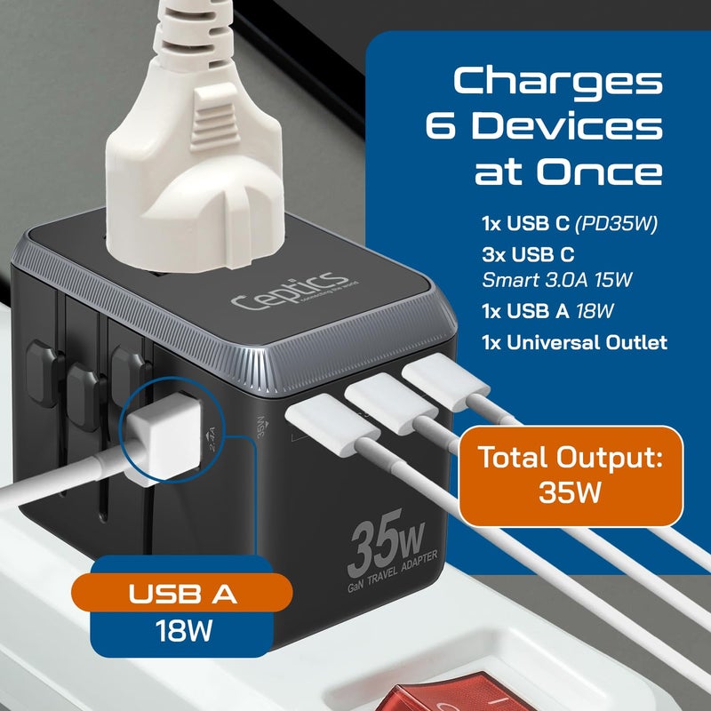 Ceptics 6-in-1 Universal Travel Adapter – 35W International Charger with 4 USB-C (1 PD 35W Port) & 1 USB-A Fast Charge Ports, Universal Plug Socket, and 10-Year Warranty. - Image 4