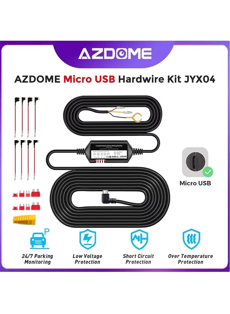 أزدوم طقم توصيلات JYX04 ثلاثي الأسلاك بمنفذ Micro USB لكاميرات السيارات M300/M300S، وشاشة مراقبة وقوف السيارات على مدار 24 ساعة، بطول 12 قدمًا مع طقم فيوزات، يحول 12 فولت - 24 فولت إلى خرج 5 فولت/2.5 أمبير كحد أقصى - Image 1