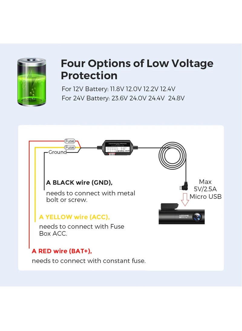أزدوم طقم توصيلات JYX04 ثلاثي الأسلاك بمنفذ Micro USB لكاميرات السيارات M300/M300S، وشاشة مراقبة وقوف السيارات على مدار 24 ساعة، بطول 12 قدمًا مع طقم فيوزات، يحول 12 فولت - 24 فولت إلى خرج 5 فولت/2.5 أمبير كحد أقصى - Image 5