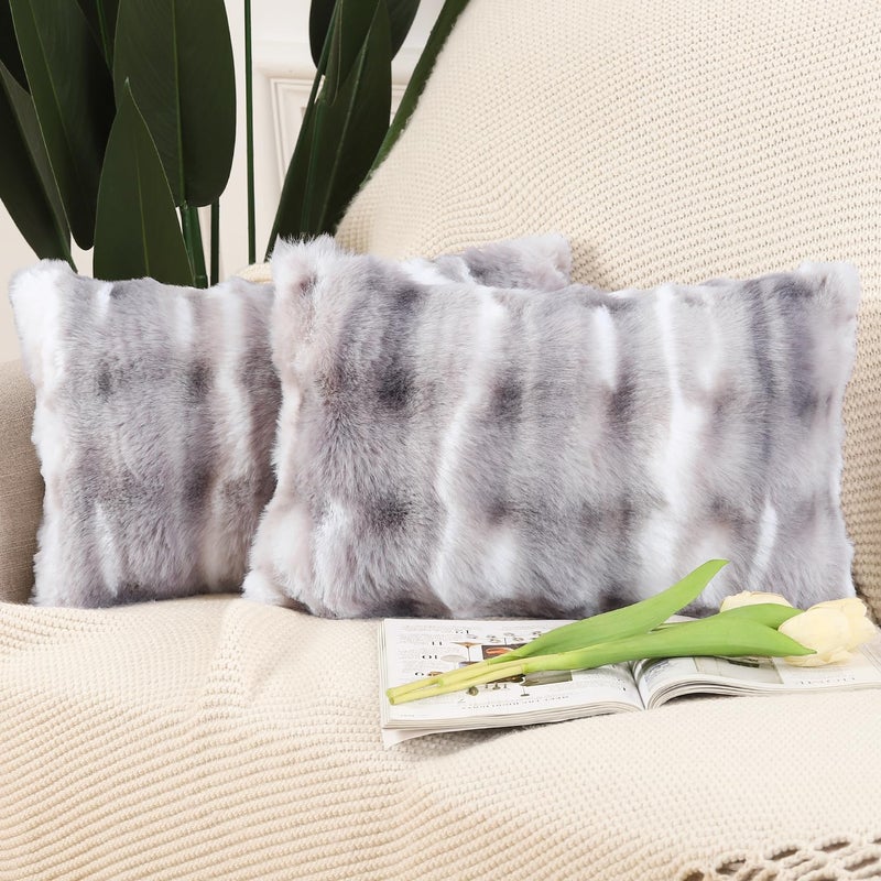 Madizz Pack of 2 Thick Plush Wool Throw Pillow Covers 12x20 Inch White Grey Soft Decorative Cushion Cover for Sofa Bedroom Pillow Shell - Image 1