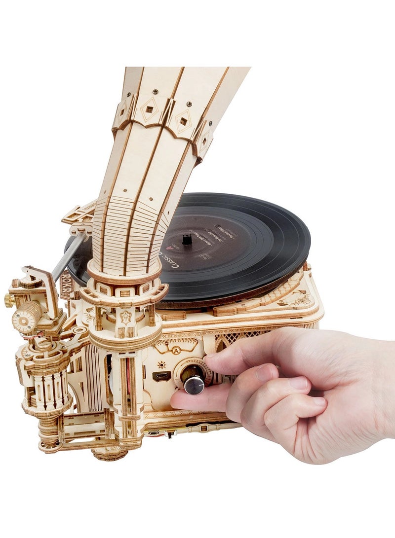 ROKR 3D Wooden Puzzle Model Antique Decoration -Classic Gramophone (Electric Version) - Image 4