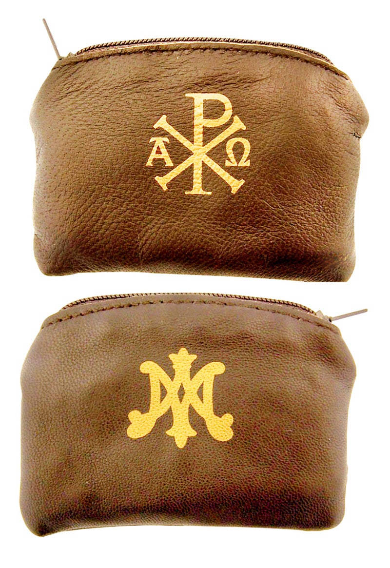 WJ Hirten Ava Maria and Chi Rho Cross Sheepskin Leather Rosary Case with Velvet Lining, Brown, 3 1/4 Inch - Image 3