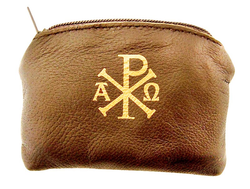 WJ Hirten Ava Maria and Chi Rho Cross Sheepskin Leather Rosary Case with Velvet Lining, Brown, 3 1/4 Inch - Image 1