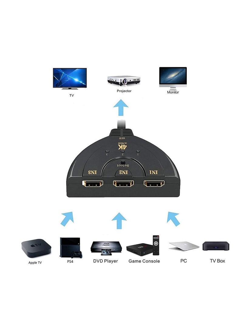 أمم 4Kx2K 3D Mini 3 Port HDMI Switch 1.4B 4K Switcher HDMI Splitter 1080P 3 in 1 Out Port Hub for DVD HDTV Xbox PS3 PS4 - Image 2