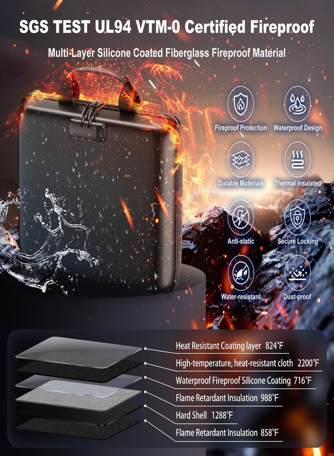 HIBWN Fireproof Document Box, Hard Case Fireproof File Organizer with Lock and 13 Pocket Accordion File Folder, Portable Safe Box for Home Office Travel to Storage Important Documents Laptop Black - Image 2