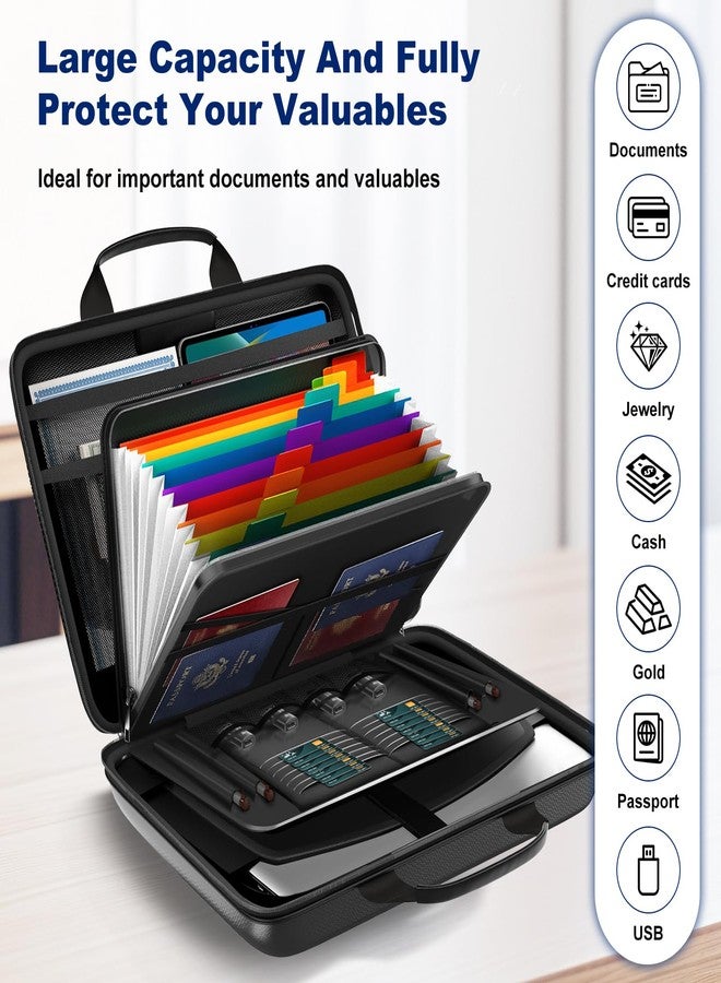 HIBWN Fireproof Document Box, Hard Case Fireproof File Organizer with Lock and 13 Pocket Accordion File Folder, Portable Safe Box for Home Office Travel to Storage Important Documents Laptop Black - Image 3
